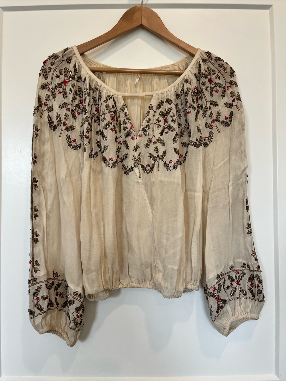 Free People Bohemian Beaded Embroidered Boho Cottagecore Peasant Pirate Blouse